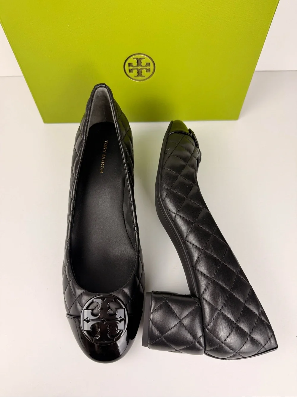 Tory Burch Chelsea 50mm Quilted Pumps Black Leather Patent Cap Toe Block Heels